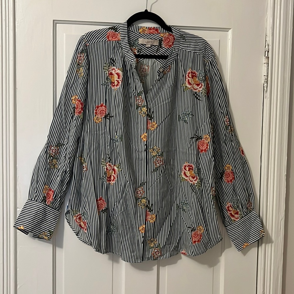 LOFT Blue & White Striped Collarless Button Down with Floral Pattern